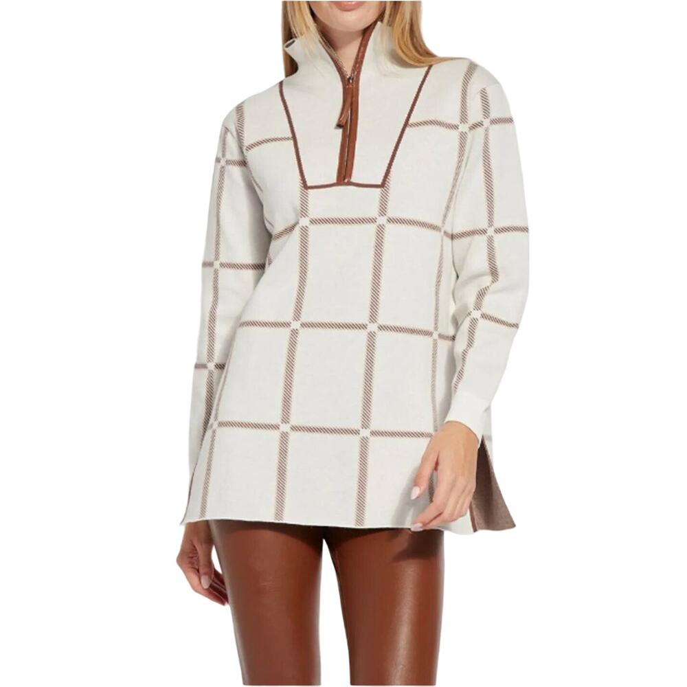 Lysse Hudson Women's Leather Trimmed Sweater Size S Collared Long Sleeves=V